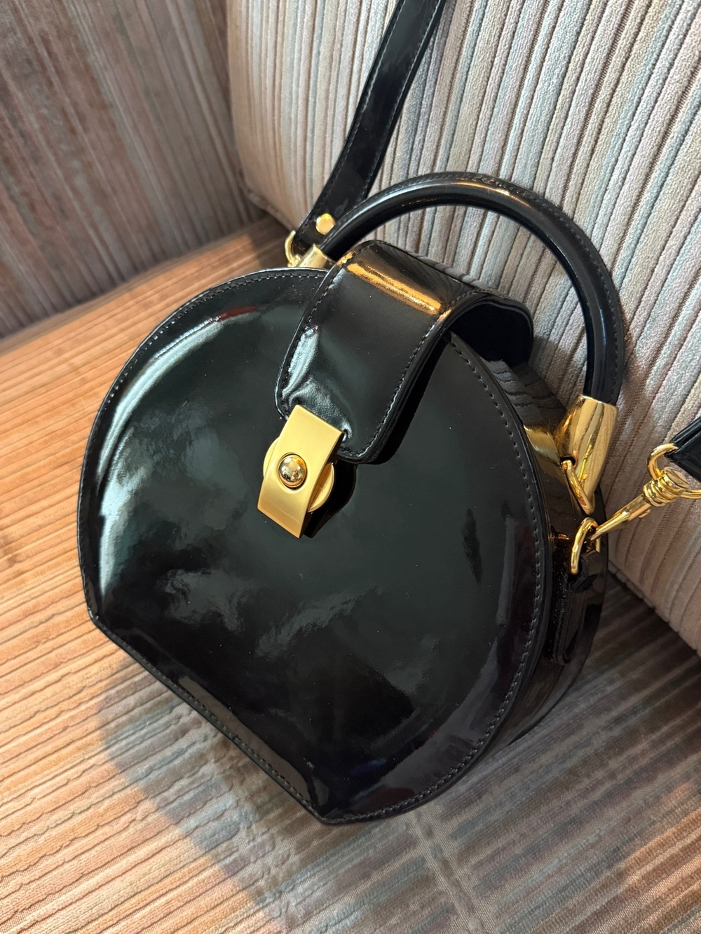Black Patent Circle Top-Handle Crossbody Bag